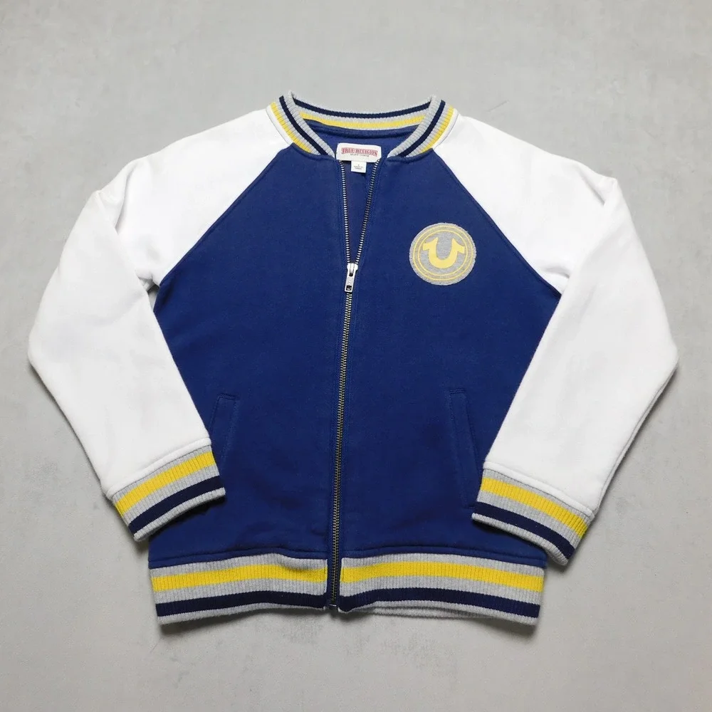 True Religion Boys 7 Navy Blue Varsity Full Zip Sweatshirt Horseshoe‎ Logo 02